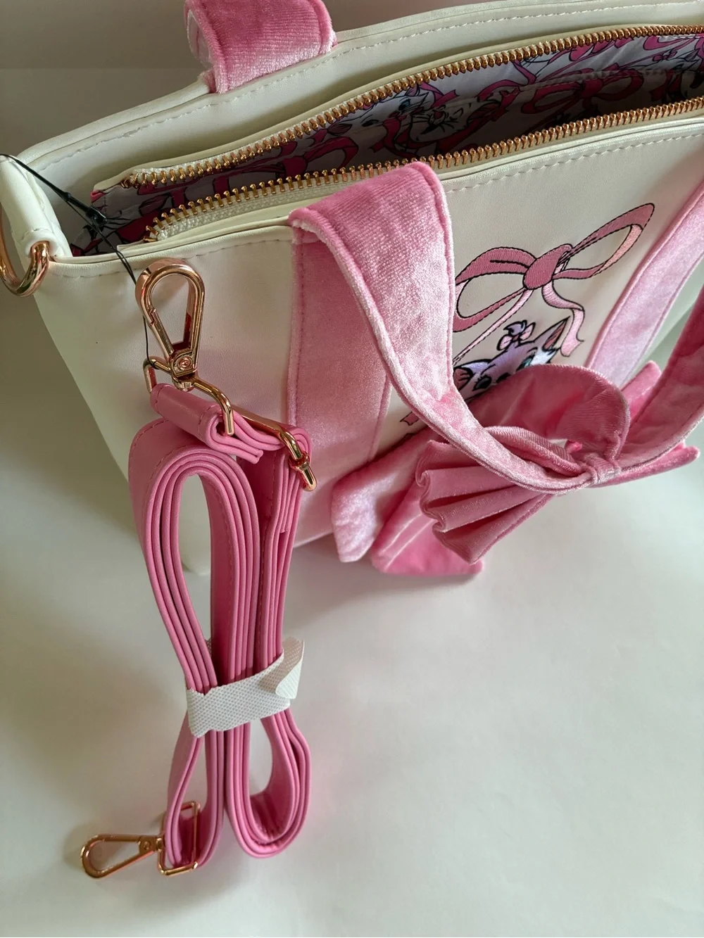 Loungefly Disney Aristocats Marie Pink Velvet Bow Tote Crossbody Handbag